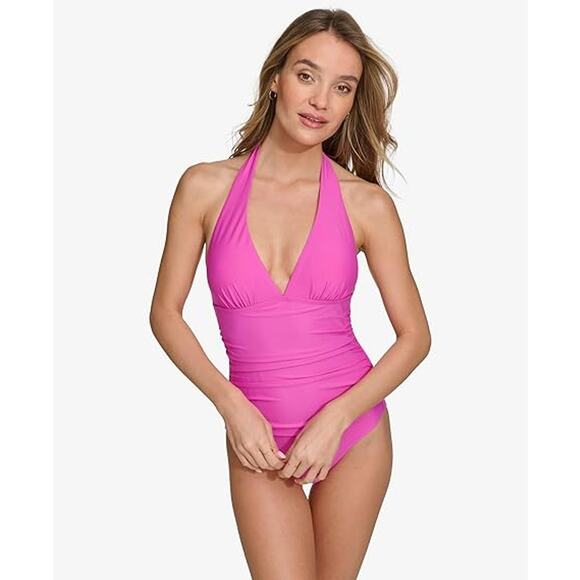 NWT New DKNY Womens XXL Triangle Halter Neck Tummy Control One Piece Swimsuit - Picture 2 of 5